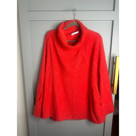 Mer-Sea & Co. Sweaters - Mer-Sea Fuzzy Knit Cowl Neck Poncho Sweater Orange Red One Size OS Arm Slits